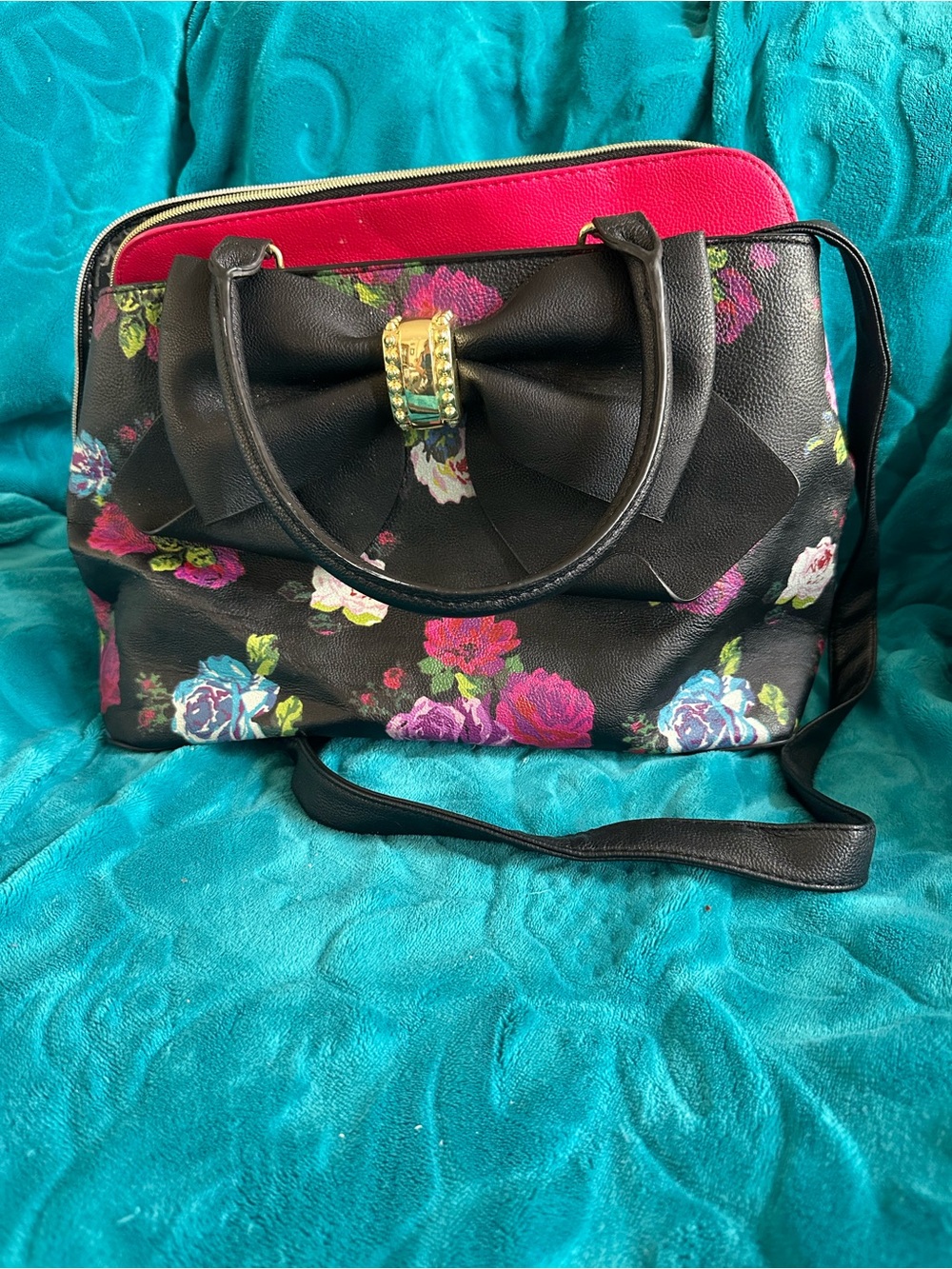 Betsey Johnson Black Floral Satchel with Pink Accent and Gold Bow